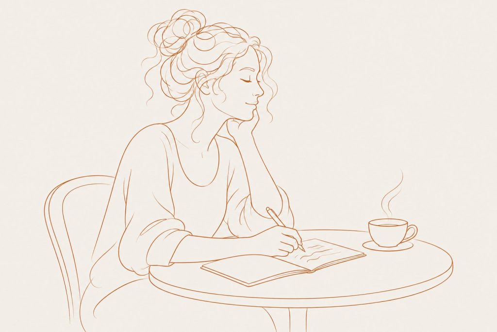 Line drawing of a person writing in a notebook at a small table with a cup of tea