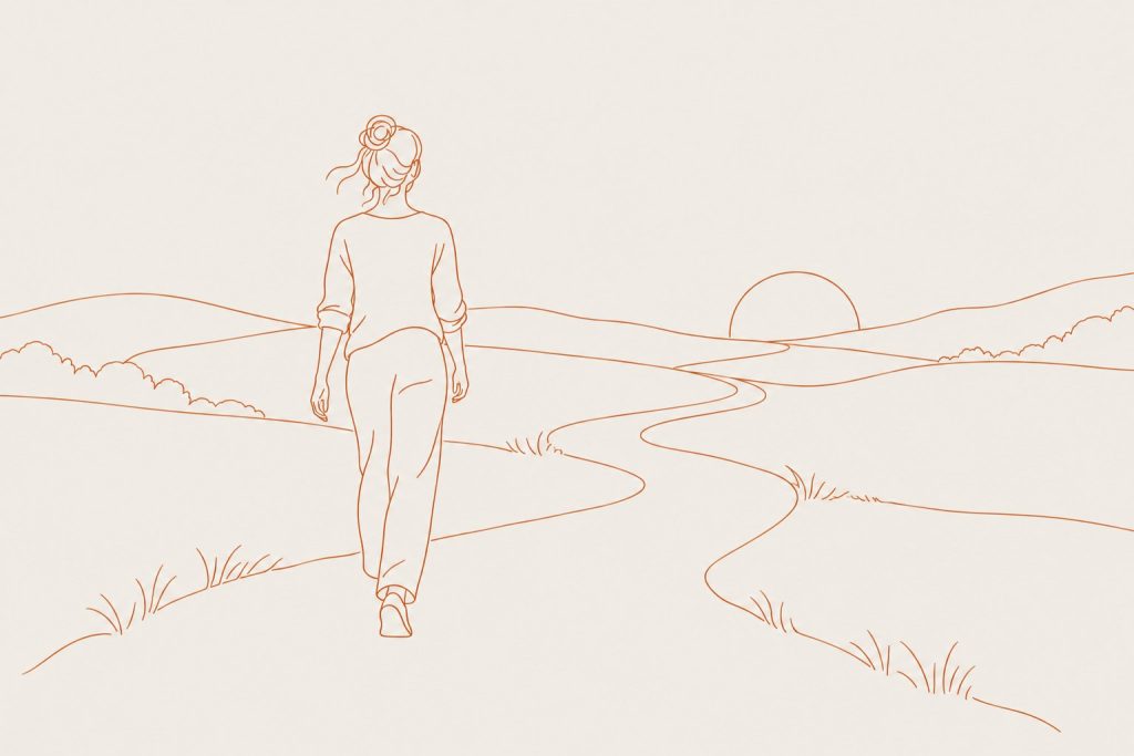 Line drawing of a person walking a winding path toward a low sun