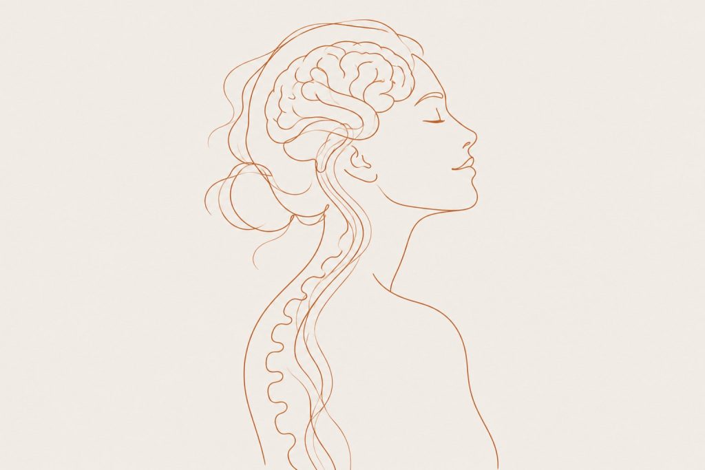 Line drawing of a calm person in profile with a brain outline and soft signal lines running down the spine